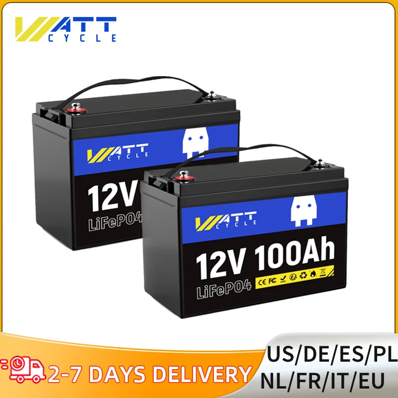WattCycle LiFePO4 Battery 12V 100Ah 2 PACK Grade A+ Cells With BMS 100A Series or Parallel Connection Lithium Battery Packs