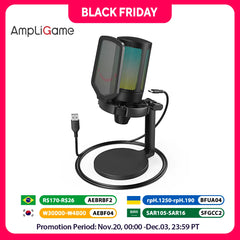 AmpliGame by FIFINE USB Gaming Microphone with RGB,Gain Knob,Touch Mute,Streaming Podcast Condenser Mic for PC,Switch,PS5-A6NEO