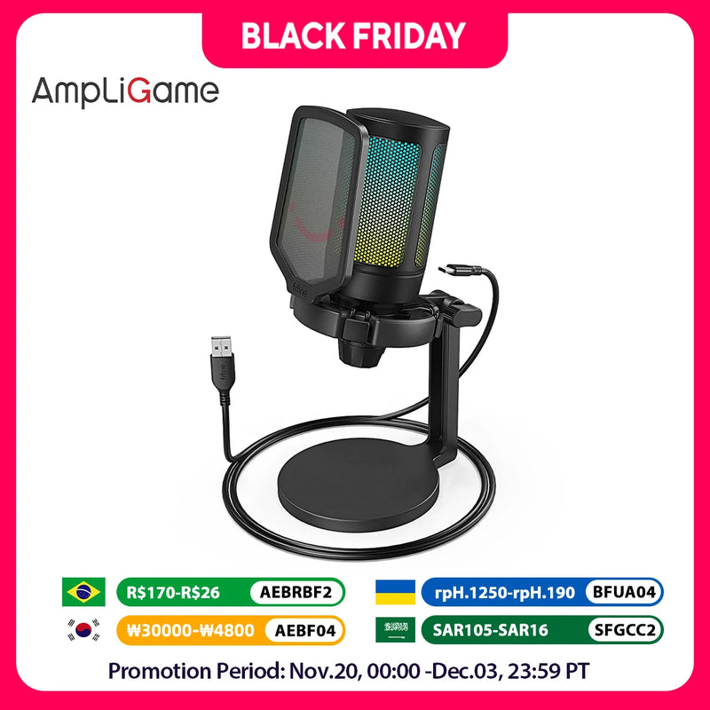 AmpliGame by FIFINE USB Gaming Microphone with RGB,Gain Knob,Touch Mute,Streaming Podcast Condenser Mic for PC,Switch,PS5-A6NEO