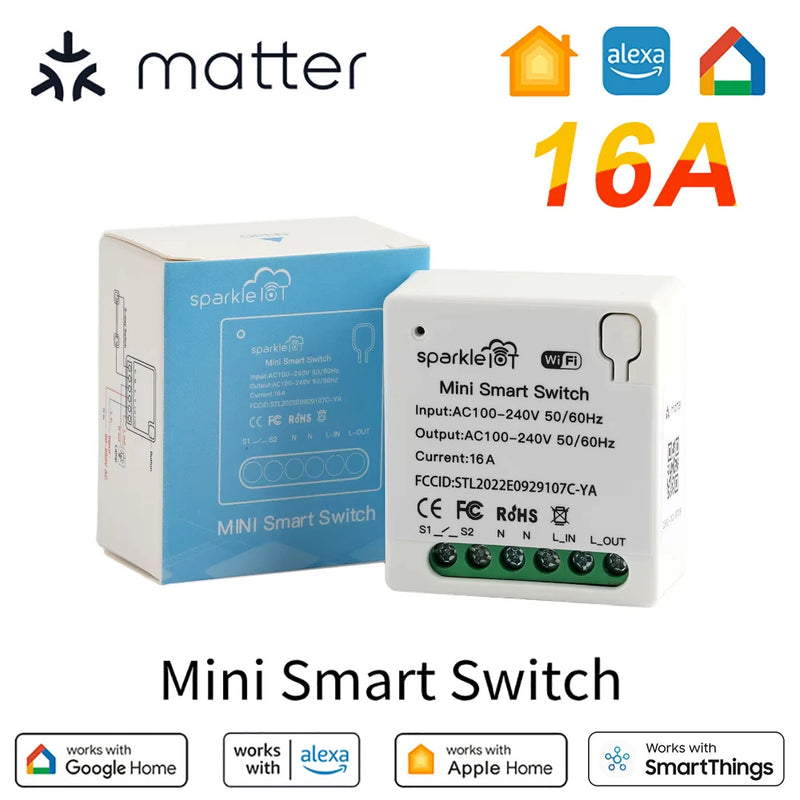 Matter 16A WiFi mini Smart Switch Pass-through Disconnect Dual Control Outletorks Remote Control Timer
